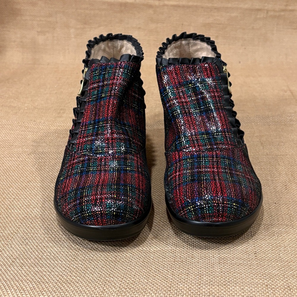Alegria Hannah Boots Women 39 US 9 Red Green Plaid Tartan Leather Ruffle Comfort - Picture 6 of 10